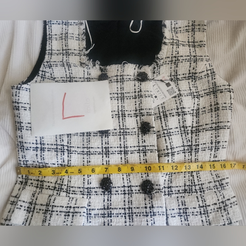 ZARA Textured Plaid Waistcoat Vest Ecru/black BNWT. - Picture 6 of 16